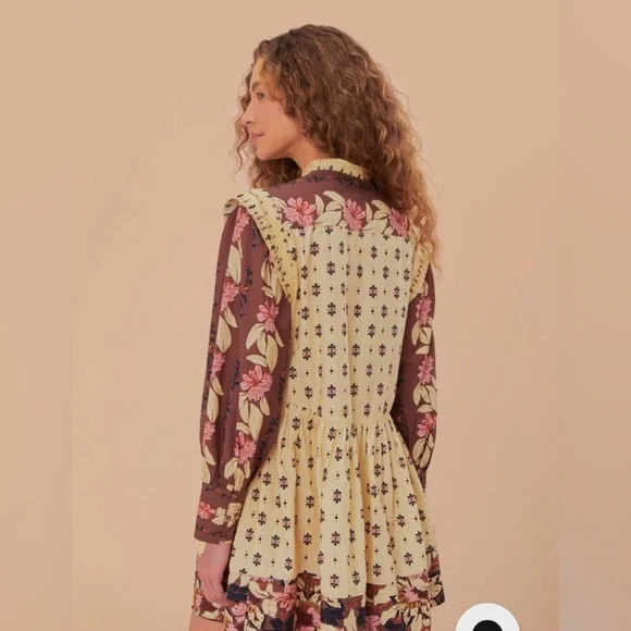 FARM RIO Ainika Maxi Floral Cream Open Yoke Mini Dress XXS - Picture 2 of 16